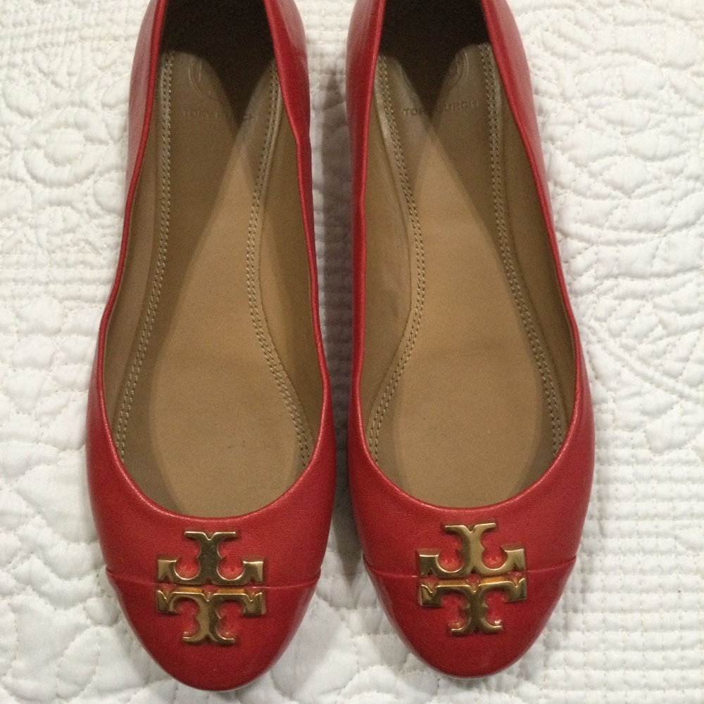 Tory Burch Everly Cap Toe Ballet Flats Brilliant Red Size 7.5